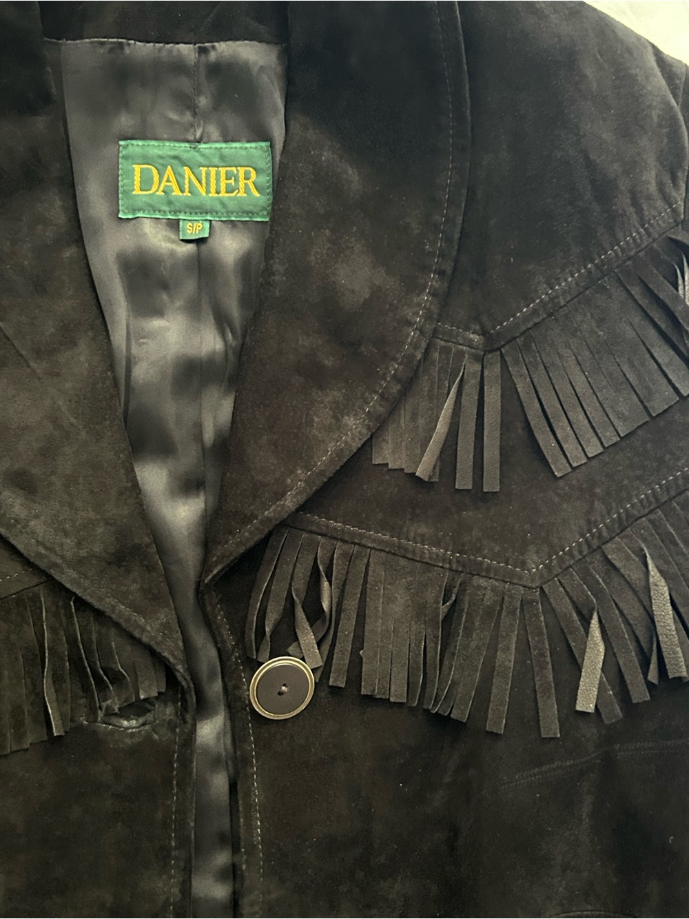 VINTAGE Danier Black Suede Fringe Belted Trench Coat - Picture 7 of 7